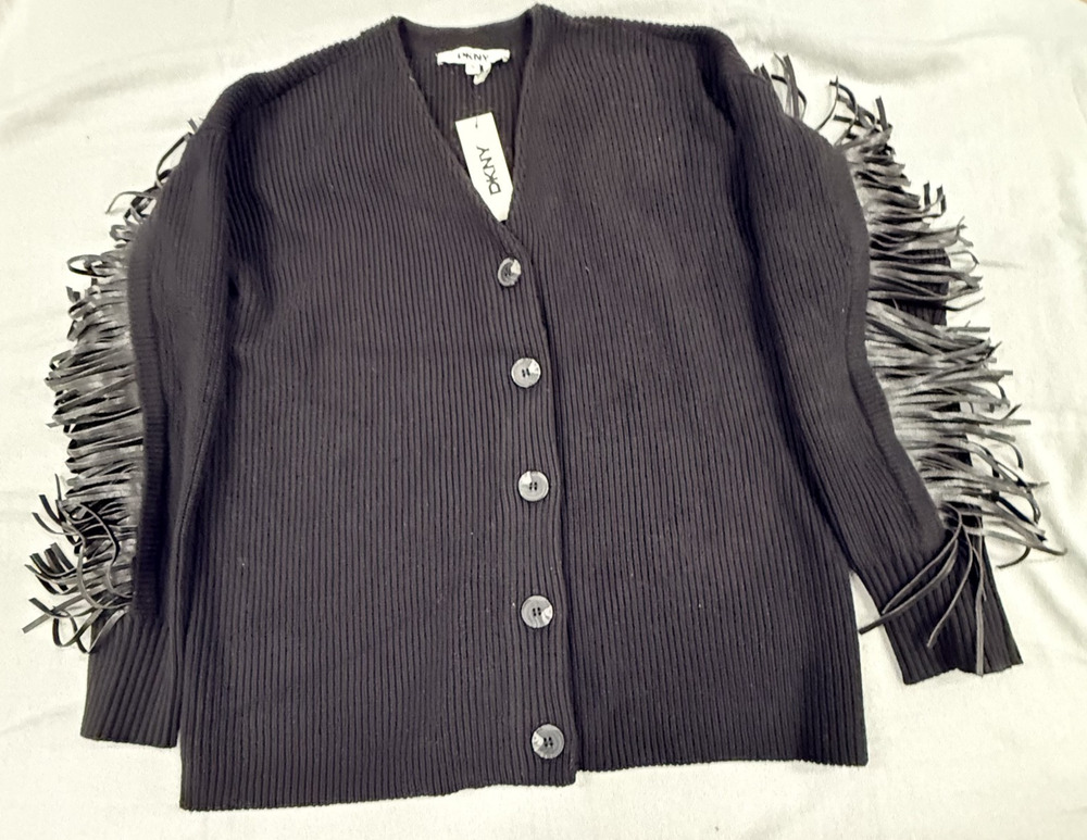 Dkny Cardigan Womens Medium Black Ribbed Knit Fringe Detail Long Sleeve Cozy NWT